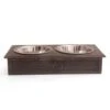 Pet Dog Water & Food Bowl Feeder Dish Elevated Raised Stainless Steel Metal Cups Set Of 2 With Premium Wood Stand Rust Resistant Food Grade Dry & Wet Food, Weighted & Durable, No Spill, Natural Brown