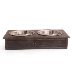 Pet Dog Water & Food Bowl Feeder Dish Elevated Raised Stainless Steel Metal Cups Set Of 2 With Premium Wood Stand Rust Resistant Food Grade Dry & Wet Food, Weighted & Durable, No Spill, Natural Brown