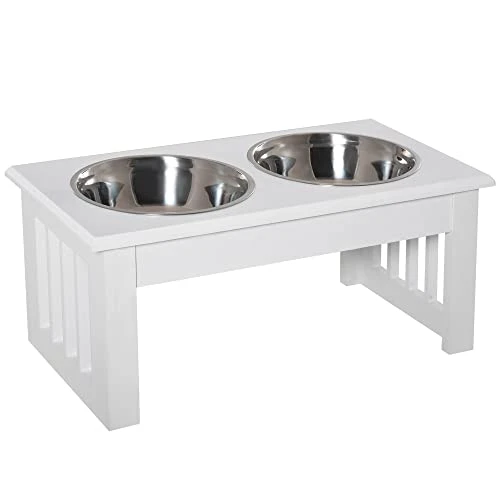 PawHut 17" Small Puppy Dog Feeding Station For Messy Pets, Stainless Steel Elevated Dog Bowls With Modern Wooden Frame, Dog Food Stand Pet Feeding Station, White 3 PawHut 17" Small Puppy Dog Feeding Station For Messy Pets, Stainless Steel Elevated Dog Bowls With Modern Wooden Frame, Dog Food Stand Pet Feeding Station, White