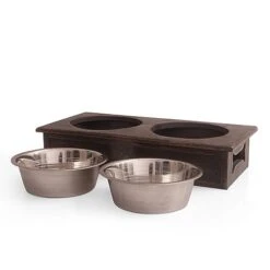 Pet Dog Water & Food Bowl Feeder Dish Elevated Raised Stainless Steel Metal Cups Set Of 2 With Premium Wood Stand Rust Resistant Food Grade Dry & Wet Food, Weighted & Durable, No Spill, Natural Brown -Zoo Shop 31JjqzXl2YL
