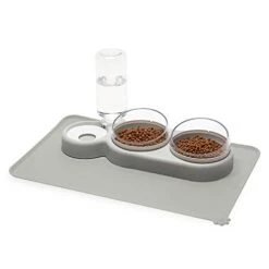 YEACHA Raised Cat Bowls, Tilt Cat Dog Food Water Elevated Bowls Set With Automatic Water Bottle, With Silicon Waterproof Mat, For Cats Small Dogs, Grey
