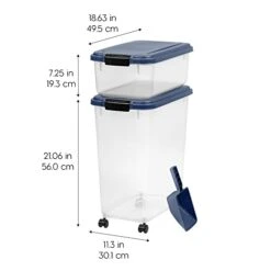 IRIS USA 3-Piece 42 Lbs / 57.5 Qt WeatherPro Airtight Pet Food Storage Container Combo With Scoop And Treat Box For Dog Cat And Bird Food, Stackable, Keep Pests Out, Translucent Body, BPA Free, Navy
