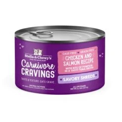 Stella & Chewy’s Carnivore Cravings Savory Shreds Cans – Grain Free, Protein Rich Wet Cat Food – Cage-Free Chicken & Wild-Caught Salmon Recipe – (5.2 Ounce Cans, Case Of 24)