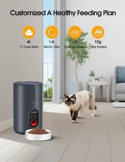 WOPET Automatic Cat Feeders, Automatic Dog Feeder With 10S Voice Recorder Automatic Cat Food Dispenser With Stainless Steel Bowl For Dog And Cat (Grey-White)