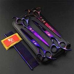 Purple Pet Cat Dog Grooming Scissors Set 5 Pieces Stainless Steel Professional Pet Trimmer Kit - 7.0 Inch Straight Cutting Scissors, Thinning Shears, Curved Scissors, Grooming Combs -Zoo Shop 413XokwXdbL