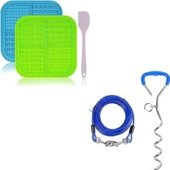 A Bundle Of PatiencET 2 Pack Licking Mat For Dogs And 1 Pack Dog Tie Out Cable And Stake