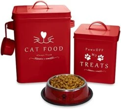 Meraki Home Farmhouse Cat Food Bin & Treats Container -Lateral Handles And Tight Lids -Feed Scoop - Premium Glossy Red Pet Food Bowl - Large Metal Storage Bin - Great Gift For Cute Pets - Matte Black -Zoo Shop 414WwAJzEL. AC