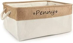 Xingfa Personalized Dog Toy Basket With Name,Custom Dog Toy Basket,Paw Prints Pet Food Storage Container,Dog Toy Box For Small Dogs,New Puppy Supplies (Beige,L 41X32X21cm) -Zoo Shop 415T7YRhEuL. AC 2