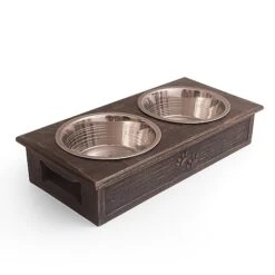 Pet Dog Water & Food Bowl Feeder Dish Elevated Raised Stainless Steel Metal Cups Set Of 2 With Premium Wood Stand Rust Resistant Food Grade Dry & Wet Food, Weighted & Durable, No Spill, Natural Brown -Zoo Shop 416OUuO1UmL