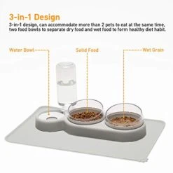 YEACHA Raised Cat Bowls, Tilt Cat Dog Food Water Elevated Bowls Set With Automatic Water Bottle, With Silicon Waterproof Mat, For Cats Small Dogs, Grey -Zoo Shop 416SCdnkVZL