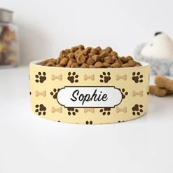 GENERIC Cute Dog Paw Print & Bones Pattern Pet's Name Bowl, Ceramic Food Bowl For Dogs Available In Two Sizes, Gift For Dog