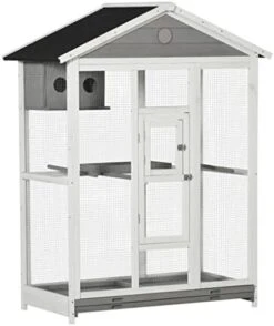 ACQUIRE Bird Cage Wooden Aviary House With Standing Pole Nest Slide-Out Tray, Grey 50" L X 28.75" W X 64.5" H -Zoo Shop 418YjM55 7L. AC