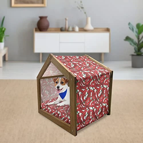 Ambesonne Peppers Wooden Pet House, Pattern Of Chili Peppers With Dotted Background Vegan Spicy Food Theme, Indoor & Outdoor Portable Dog Kennel With Pillow And Cover, Medium, Vermilion Ruby Green 4 Ambesonne Peppers Wooden Pet House, Pattern Of Chili Peppers With Dotted Background Vegan Spicy Food Theme, Indoor & Outdoor Portable Dog Kennel With Pillow And Cover, Medium, Vermilion Ruby Green - Image 2