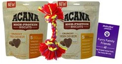 GENERIC Acana High-Protein Crunchy Biscuits Treats For Medium-Large Sized Dogs 2 Flavor Variety - (1) Each: Chicken Liver, Turkey Liver (9 Ounces) - Plus Rope Toy And Fun Animal Facts Booklet Bundle