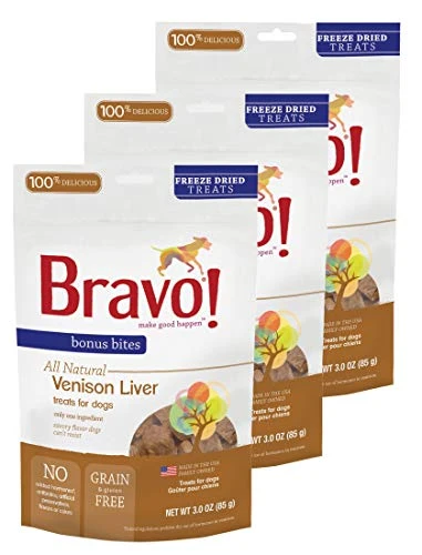 Bravo! Treats For Dogs Freeze Dried Venison Liver - All Natural - Grain Free - 3 Oz. 3 Pack 3 Bravo! Treats For Dogs Freeze Dried Venison Liver - All Natural - Grain Free - 3 Oz. 3 Pack