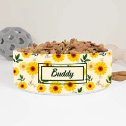 GENERIC Yellow Daisy Pattern Pet's Name Bowl, Ceramic Food Bowl For Pets Available In Two Sizes, Gift For Dog, Gift For Cat