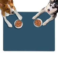 Dog Feeding Mat For Food And Water Bowls, 39.4"x29.5" Extra Large Silicone Pet Food Mat, Waterproof Dog Placemat For Protecting Floors, Non-Slip, Blue