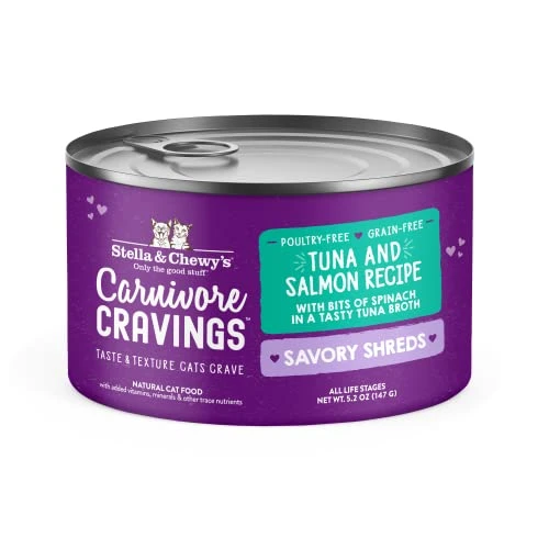 Stella & Chewy’s Carnivore Cravings Savory Shreds Cans – Grain Free, Protein Rich Wet Cat Food – Wild-Caught Tuna & Salmon Recipe – (5.2 Ounce Cans, Case Of 24) 3 Stella & Chewy’s Carnivore Cravings Savory Shreds Cans – Grain Free, Protein Rich Wet Cat Food – Wild-Caught Tuna & Salmon Recipe – (5.2 Ounce Cans, Case Of 24)