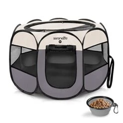SereneLife ON-The-GO Foldable Portable Pet Tent 8-Panel Playpen For Dog & Cat W/Food/Water Bowl, Mesh, Pet House Indoor & Outdoor, Travel & Camping Pet Kennel Exercise Puppy Playground (Grey - Medium)