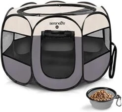 SereneLife ON-The-GO Foldable Portable Pet Tent 8-Panel Playpen For Dog & Cat W/Food/Water Bowl, Mesh, Pet House Indoor & Outdoor, Travel & Camping Pet Kennel Exercise Puppy Playground (Grey - Medium) -Zoo Shop 41F9q2usiRL. AC 3