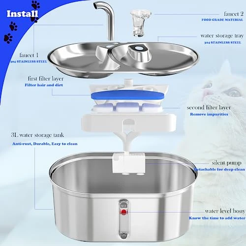 MewDgland Cat Water Fountain 3L/101oz Stainless Steel, 2 In 1 Cat Food Bowl And Pet Water Fountain For Cats Inside, Quiet Automatic Water Dispenser For Dogs And Cats 6 MewDgland Cat Water Fountain 3L/101oz Stainless Steel, 2 In 1 Cat Food Bowl And Pet Water Fountain For Cats Inside, Quiet Automatic Water Dispenser For Dogs And Cats - Image 4