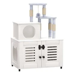 EasyCom Litter Box Enclosure, Hidden Cat Tree Tower Furniture For Indoor House, Modern Wooden All-in-one Cat Litter Cabinet With Scratching Post And Condo, White