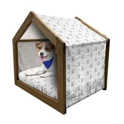 Lunarable Cat Wooden Pet House, Monochrome Doodle Style Feline Pattern With A Bowl Of Food Fish And Mouse Design, Outdoor & Indoor Portable Dog Kennel With Pillow And Cover, Medium, Black And White