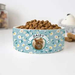 GENERIC Personalized Pet's Name & Photo Bowl, Blue Daisy Pattern Bowl, Dog Name Bowl, Cat Name Bowl, Gift For Pets, Ceramic Pet Bowl, Available In 2 Sizes