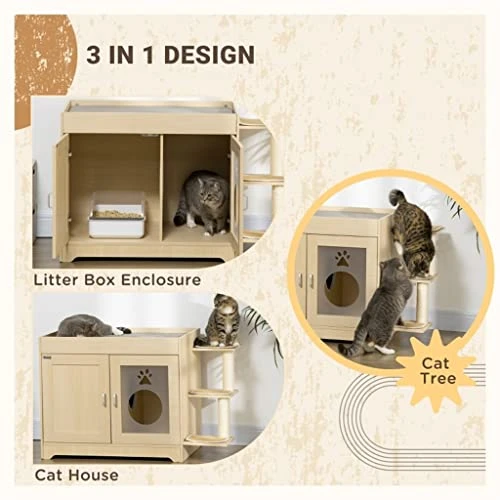 ACQUIRE 3 In 1 Litter Box Enclosure Hidden Kitty House Cat Tree, Cat Washroom Storage Bench With Double Doors, Multiple Layers 6 ACQUIRE 3 In 1 Litter Box Enclosure Hidden Kitty House Cat Tree, Cat Washroom Storage Bench With Double Doors, Multiple Layers - Image 4