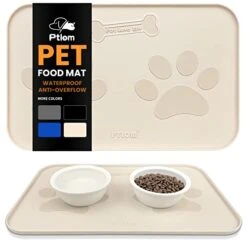 Ptlom Pet Placemat For Dogs And Cats, Waterproof No-Spill Dog Feeding Mats Prevent Food And Water Overflow, High Raised Edge Puppy Bowl Mat Suitable For Small, Medium And Large Pets, Silicone, Beige