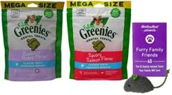 Greenies Feline Seafood Lovers Crunchy Treats For Cats 2 Flavor Mega Variety Pack - (1 Each): Succulent Shrimp, Savory Salmon (4.6 Ounces) Plus Catnip Toy And Fun Animal Facts Booklet Bundle
