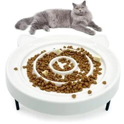 Fhiny Ceramic Slow Feeder Cat Bowl, Elevated Cats Slow Feeding Bowls With Stand, Raised Puzzle Dish Whisker Stress Free Bloat Stop Feeder For Indoor Small Animals Dogs Puppy Healthy Eating Diet-White