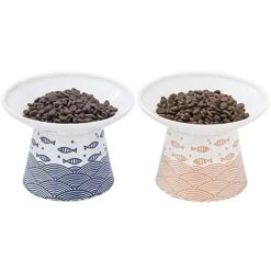 6.25 Inch Extra Wide Ceramic Raised Cat Food Bowls, Elevated Porcelain Cat Feeding Dish, Heavy Pet Feeder Bowl For Elder Big Cats,Small Dogs, Anti Vomiting, Protect Pet's Spine, 2 Pack(Blue&Orange)