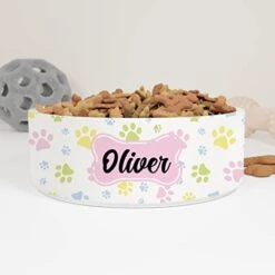 GENERIC Dog Cat Paw Print Pattern Personalized Pet Bowl Cat Bowls, Cute Dog Bowl With Name, Custom Ceramic Dog Cat Pet Bowls Available In Two Sizes