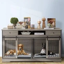 Lyromix Dog Crate Furniture Large Breed TV Stand With Drawer & 2 Sliding Doors, Dog Kennels And Crates For Medium Large Dogs With Divider, Wood Dog Crate End Table, Grey, 66.1''W*23.6''D*36''H 9 Lyromix Dog Crate Furniture Large Breed TV Stand With Drawer & 2 Sliding Doors, Dog Kennels And Crates For Medium Large Dogs With Divider, Wood Dog Crate End Table, Grey, 66.1''W*23.6''D*36''H -Zoo Shop 41Lk1SPo6L. AC
