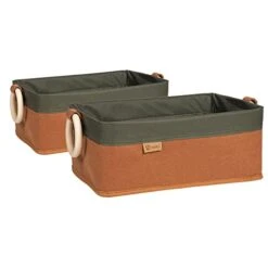 Yiotl Pet Storage Basket, Toy Organizer - Set Of 2 Pieces - Felt And Canvas Patchwork Storage Basket For Toys - One Size Fits All - Solid Pine Wood Handles - Green&Orange