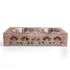 Pet Dog Water & Food Bowl Feeder Dish Elevated Raised Stainless Steel Metal Cups Set Of 2 With Premium Wood Stand Rust Resistant Food Grade Dry & Wet Food, Weighted & Durable, No Spill, Natural Brown