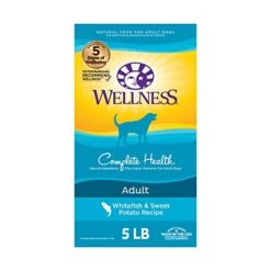 Wellness Complete Health Dry Dog Food With Grains, Natural Ingredients, Made In USA With Real Meat, All Breeds, For Adult Dogs (Whitefish & Sweet Potato, 5-Pound Bag)