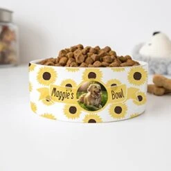 GENERIC Personalized Pet's Name & Photo Bowl, Sunflowers Pattern Bowl, Dog Name Bowl, Cat Name Bowl, Gift For Pets, Ceramic Pet Bowl, Available In 2 Sizes