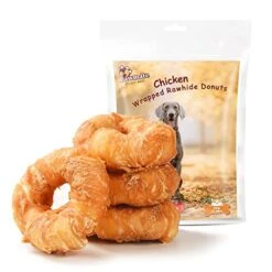 Pawmate Dog Treats Chicken Wrapped Rawhide Donuts Ring, Long Lasting Chews Grain Free Snacks With Taurine For Medium Large Dogs 4 Counts