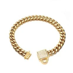 Aiyidi Gold Dog Chain Collar 10mm Wide Cuban Link Puppy Collar 316L Stainless Steel With CZ Diamond Lock Bling Collar For Large Medium Small Dogs(10mm Gold,10inches)