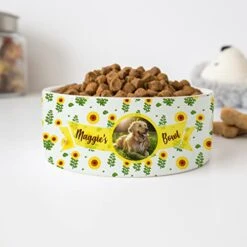 GENERIC Pet's Photo & Name Bowl, Personalized Sunflower Pattern Bowl, Dog Name Bowl, Cat Name Bowl, Gift For Pets, Ceramic Pet Bowl, Available In 2 Sizes
