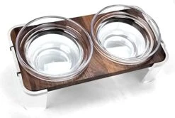 Elegant Walnut Wood Cat And Dog Feeding Dish, Raised And Tilted For Stress-Free Feeding, Curved Acrylic Lift Design, With 2 Food Quality PC Plastic Bowls.