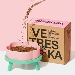 VETRESKA Ceramic Raised Dog Bowl Elevated Dog Bowl For Large Medium Small Dogs Cute Food And Water Bowl With Non-Slip Stand Pink Dog Cat Pet Feeding Dish Bowls, Medium