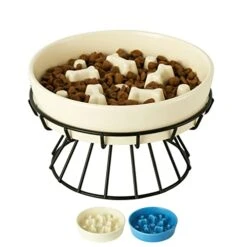 8.25'' Ceramic Slow Dog Bowl With Elevated Metal Stand, 1.75 Cups Non-Slip Puzzle Raised Dog Bowl Feeder, Slow Down Eating Anti-Choking Food Bowl Dish For Small And Medium & Large Dogs - Beige Color