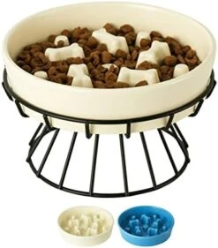 8.25'' Ceramic Slow Dog Bowl With Elevated Metal Stand, 1.75 Cups Non-Slip Puzzle Raised Dog Bowl Feeder, Slow Down Eating Anti-Choking Food Bowl Dish For Small And Medium & Large Dogs - Beige Color -Zoo Shop 41XIzcRmNRL. AC