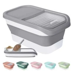 DDMOMMY 13 Lbs Dog Food Storage Container - Collapsible Dog Food Container With Sliding Lid, Scoop And Silicone Bowl, Pet Food Storage Containers Dry Food For Dog, Cats And Other Pet (Grey)