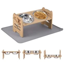 Elevated Dog Bowls Adjustable Raised Dog Bowl, Solid Bamboo Dog Food Water Bowls Stand With 2 Stainless Steel, Non-Slip No Spill Dog Dish Spill Proof Mat For Small Medium Large Dogs And Cats
