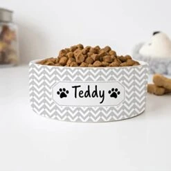GENERIC Personalized Grey & White Chevron Pattern Pet Bowl, Dog Name Bowl, Cat Name Bowl, Gift For Pets, Ceramic Bowl Available In Two Sizes