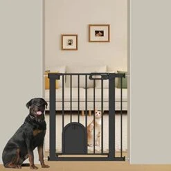 Narrow Baby Gate With Cat Door Walk Through - 24.5" To 29.5" Wide Small Pet Gate For Puppy Dog Doorway Stair - Pressure Mounted Safety Child Gate Stand 30 Inches Tall